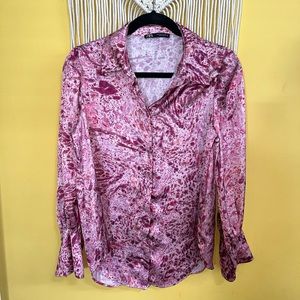 Zara Size Small Business Casual Pink‎ Watercolor Diamond Button Down Blouse
